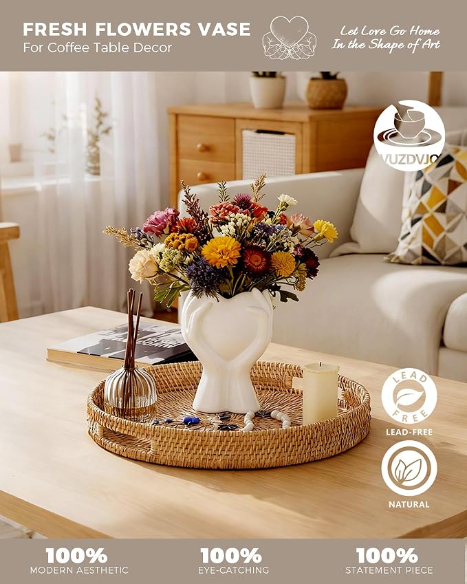 A Heart Held in Two Hands White Vases for Flowers - Cute Modern Small Ceramic Flower Vase for Pampas Grass - Decorative Table Vase for Coffee or Dining Table Centerpiece, Shelf - Gift for Mom (White)