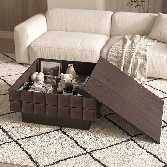 LKTART 31.89" Square Coffee Table with Hidden Storage, Mid-Century Modern Center Table with 3D Sculpted Texture, Lift-Off Flip Top Coffee Tables for Living Room Blankets & Pillows, Real Wood Veneer