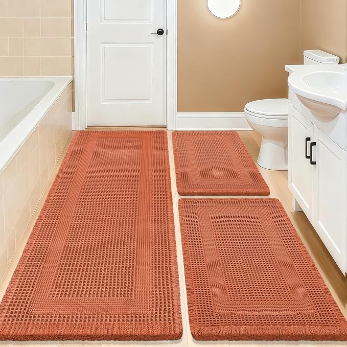 Upgrade Waffle Bath Mat Set 3 Piece, Boho Bathroom Rugs Absorbent Non Slip, Soft Bathroom Mats, Machine Washable Knit Bath Rugs with Tassels for Bathroom, Bedroom, Kitchen, Shower, Tub, Burnt Orange