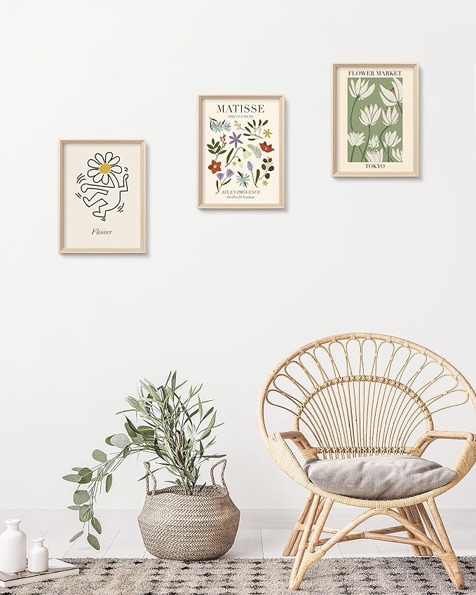 Framed Matisse Canvas Wall Art for Bedroom,Abstract Matisse Canvas Wall Decor,Minimalist Classic Decor Aesthetic,16x12IN Wood High Framed Design Posters for Living Room,Bathroom Set of 3