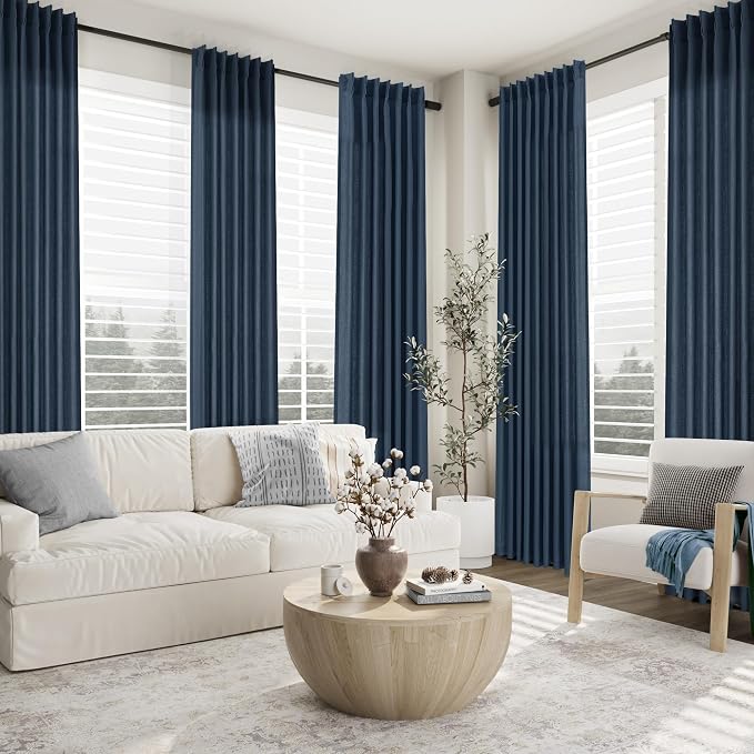 Aersas Denim Blue Pinch Pleated Linen Curtains 96 Inch Length 2 Panels for Living Room Bedroom Semi Sheer Window Curtain Boho Neutral Back Tab Pinch Pleat Drape with Hooks 40x96
