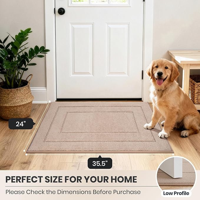 PURRUGS Dirt Trapping Door Mat 24" x 35.5", Non-Slip/Skid Machine Washable Entryway Rug, Dog Doormat, Super Absorbent Welcome Mat for Muddy Wet Shoes and Paws, Beige