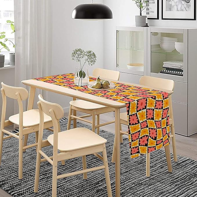 Retro Floral Checkered Table Runner 60s 70s Vintage Flower Twisted Colorful Groovy Trendy Hippie Grid Farmhouse Country Dinner Runner for Home Kitchen Dining Table Party Holiday Decor 13"x108"