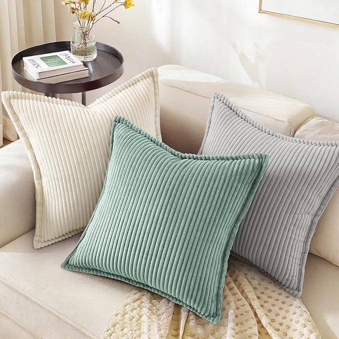 decorUhome Summer Corduroy Teal Throw Pillow Covers 16x16 Set of 2 Decorative Soft Boho Farmhouse Couch Pillow Covers for Living Room Bed Sofa Broadside Striped Pillow Cases