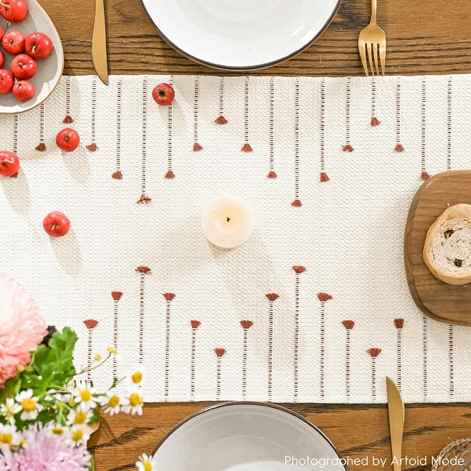 Artoid Mode Caramel Boho Table Runner for Farmhouse Rustic，Seasonal Holiday Macrame Burlap Kitchen Dining Table Decoration for Home Party Decor 12x60 Inch