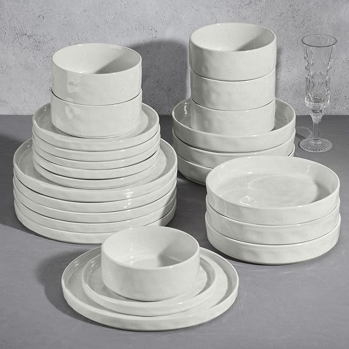E-far 24-Piece Plates and Bowls Sets with Pasta Bowls - Stoneware Dinnerware Set for 6, Modern Ribbed Speckled White Dishes, Microwave & Dishwasher Safe