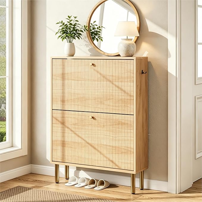 Nicetree Shoe Storage Cabinet for Entryway - Flip Shoe Cabinet with Tiered Fluted Design - Slim Shoe Storage Rack with Gold Legs - Narrow Shoe Cabinet Hidden Shoe Organizer for Small Spaces