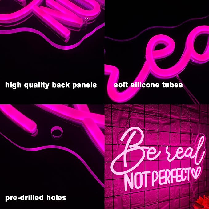 Symone Be Real Not Perfect Heart Neon Sign, Motivational Neon Sign USB Powered LED Dimmable Inspirational Neon Light, for Office Living Room Bedroom Bar Garage Studio Wall Decor(15.7 * 8.2 In)