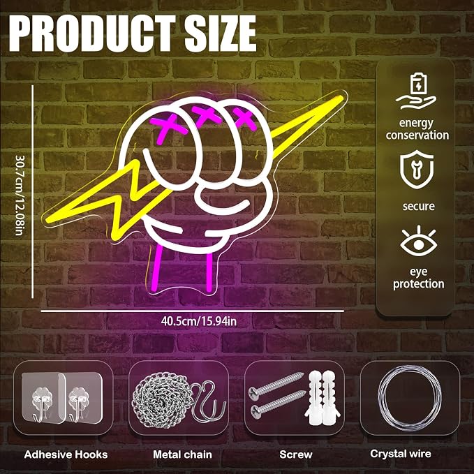 Lightning Hand Neon Sign for Wall Decor Dimmable Holding Neon Light Sign Lightning Bolt LED Sign for Teens Kids Bedroom Living Room Birthday Party Game Room Man Cave Decoration Gift