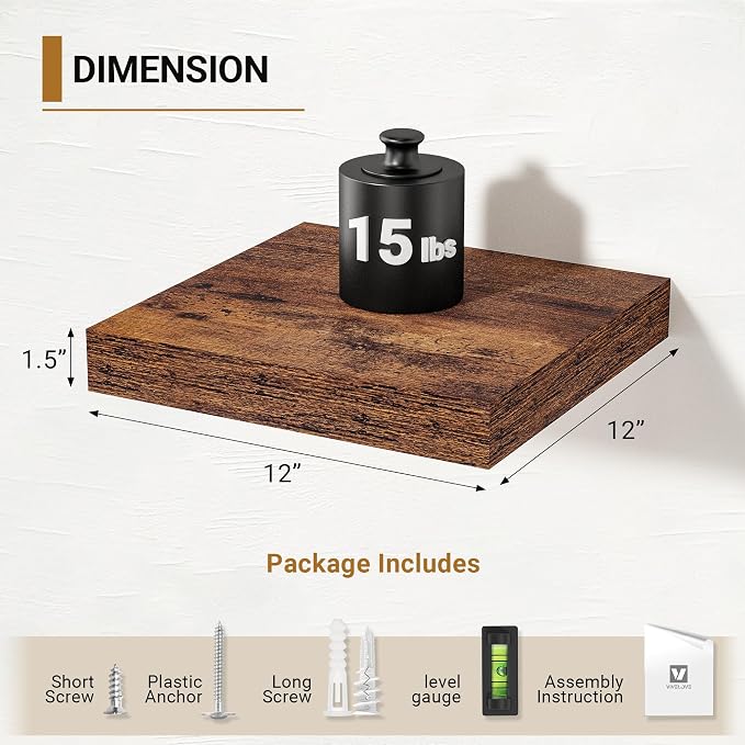 Vivelove 12x12 Floating Shelves for Wall, 12" Deep Shelves with Invisible Brackets, for Living Room Bedroom Bathroom, Farmhouse Rustic Shelves Home Decor, Set of 2, Rustic Brown