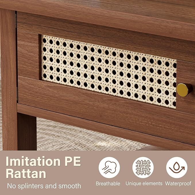 LVB Rattan Coffee Table, Boho Wood Living Room Table with Storage, Oval Modern 2-Tier Cocktail Tea Table with Doors & Open Shelf, Farmhouse Vintage Center Tables for Bedroom Office, Walnut, 47Inch
