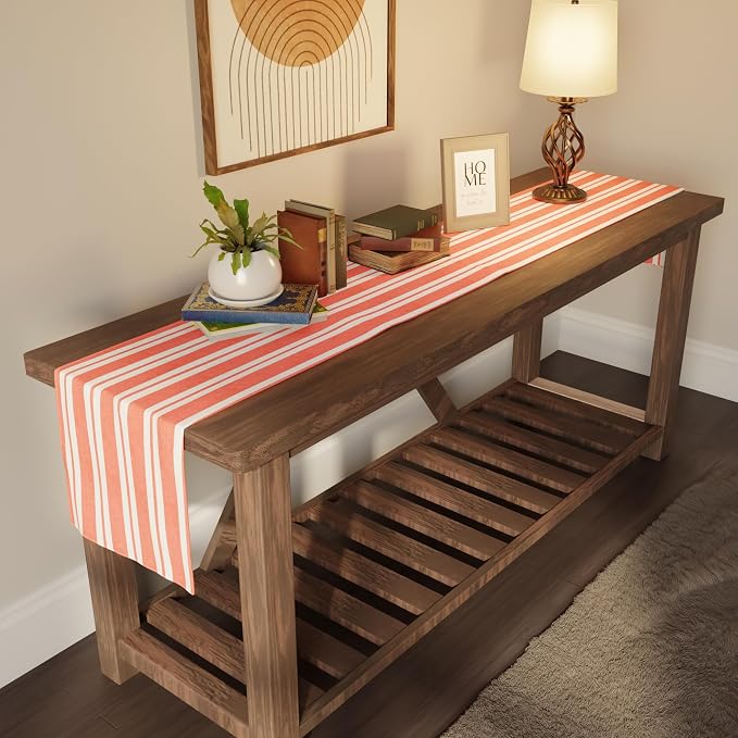 Encasa XO Cotton Dining Table Runner | Franca Orange Stripes | Size 13x59 in - Machine Washable & Durable