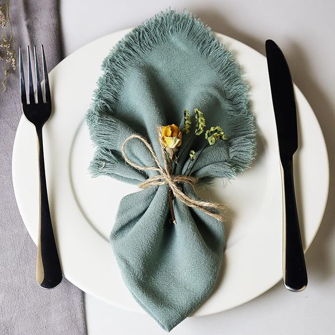 Handmade Cloth Napkins with Fringe,18 x 18 Inches Cotton Linen Napkins Set of 12 Versatile Handmade Square Rustic Fringe Napkins for Dinner, Wedding and Parties, Sage
