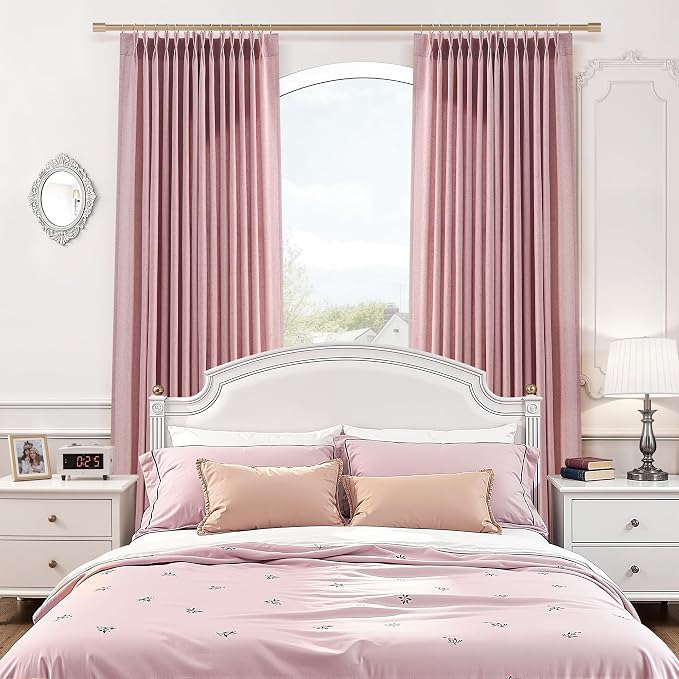 Pink Pinch Pleated Long Linen Curtains 120 Inch 2 Panels for Living Room Bedroom Sliding Glass Door Curtain Privacy Light Filtering Windows Treatment Farmhouse Neutral Rustic Decorations 40x120