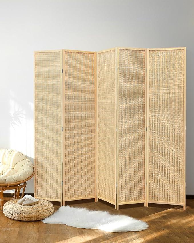 JOSTYLE Room Divider Folding Privacy Screen, 5 Panel Room Dividers 6 ft. Tall Bamboo Partition Wall Separation Dividers Freestanding, 70.9" H x 99" W