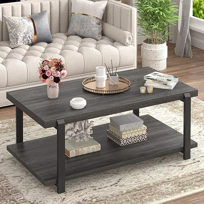 FOLUBAN Modern Coffee Table, Rustic Wood Center Table with Storage for Living Room, Dark Gray