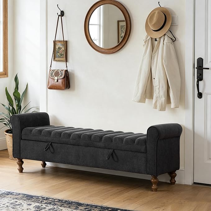 Chifee & Vingol 65" Storage Ottoman Bench Upholstered End of Bed Bench Modern Entryway Benches Window Benches for Bedroom Living Room Entryway,Charcoal