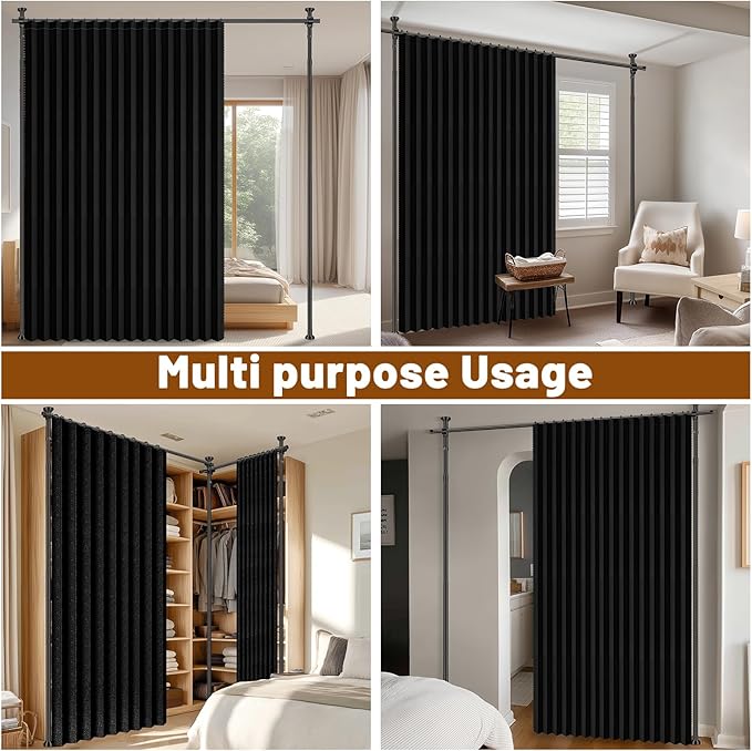 AJAZZ Room Divider Curtain (2 Panels, Black, W100 x L84 in)+ Tension Curtain Rod No Drilling (H) 43-120×(W) 35-200 in, for Privacy/Soundproof Curtains, Heavy Duty Wall Separator