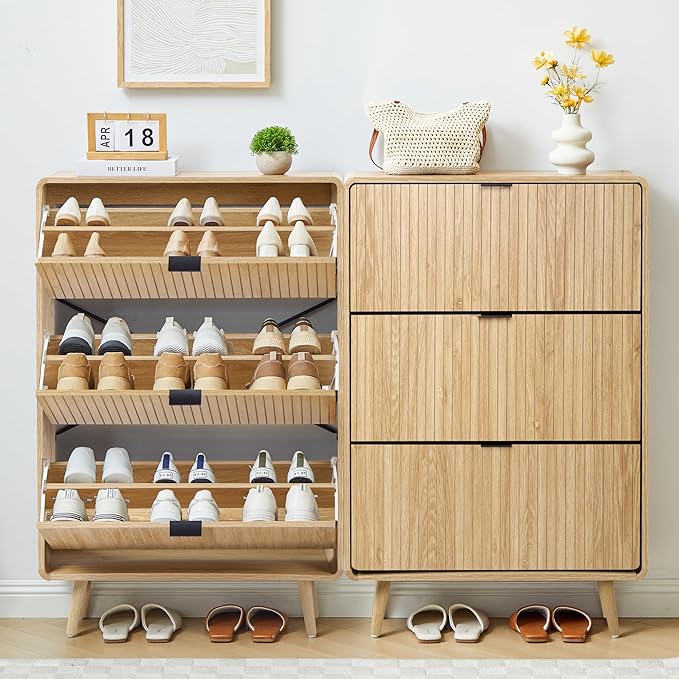 FurSch Narrow Shoe Cabinet Storage for Entryway,Slim Tall Shoe Cabinet with 3 Flip Drawers, Fluted Shoes Rack Organizer (All Natural, 3 Drawers)