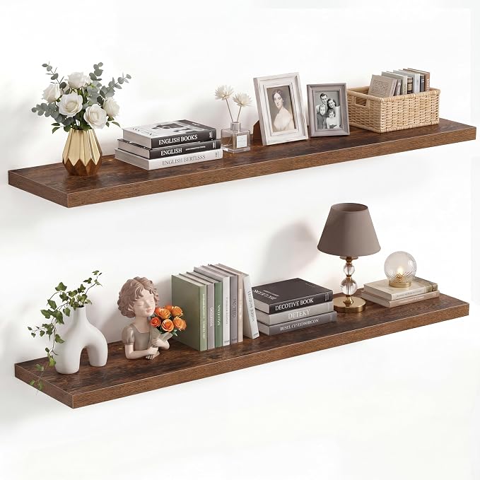 Vivelove 10 Inch Deep Floating Shelves 40 inch Long, 40 x 10 Wide Wall Shelves with Invisible Brackets, for Bedroom Bathroom Living Room Kitchen Office, Farmhouse Home Decor, Set of 2, Rustic Brown