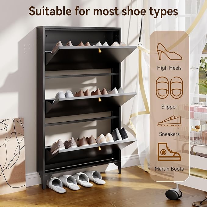 Slim Shoe Cabinet with 3 Flip Drawers,Narrow Shoe Cabinet,Freestanding Organizer,Metal Hidden Shoe Storage for Entryway,Hallway,Living Room(Width 27.56, Black)