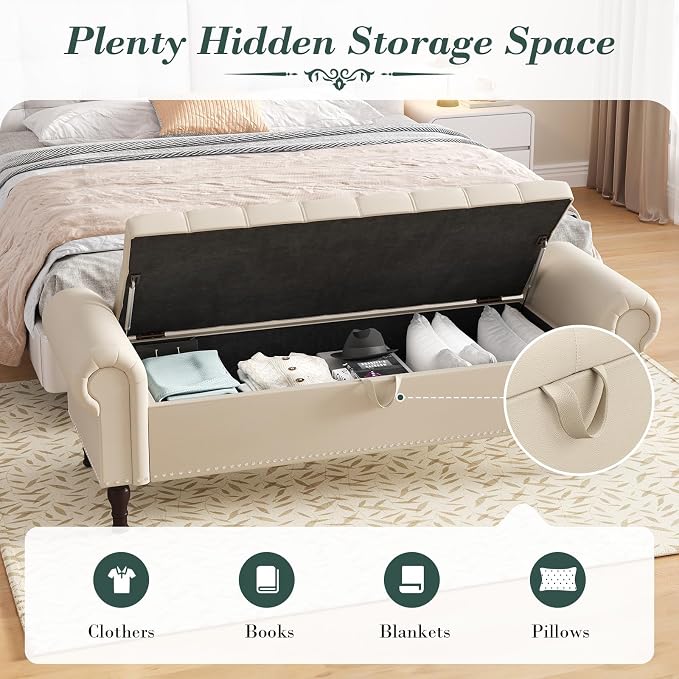 Apicizon 60” Bench with Storage, Faux Leather Ottoman Bench with Rolled Arm & Vintage Rivets, End of Bed Bench for Bedroom, Living Room, Entryway, Beige+Brown Legs