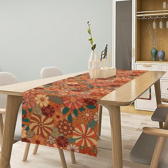 Vintage Floral Table Runner Boho 70s Style Retro Flower Hippie Groovy Pattern Dinner Runner for Home Kitchen Dining Table Party Holiday Decor 13"x90"