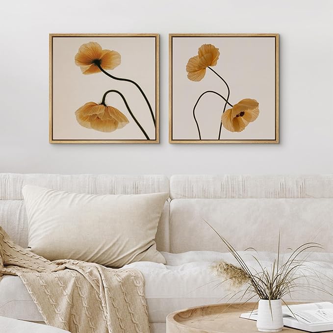 SIGNFORD Framed Canvas Print Wall Art Set Minimal Floral Poppy Soft Beige Botanical Modern Art Relax/Calm for Living Room, Bedroom, Office - 24"x24"x2 NATURAL