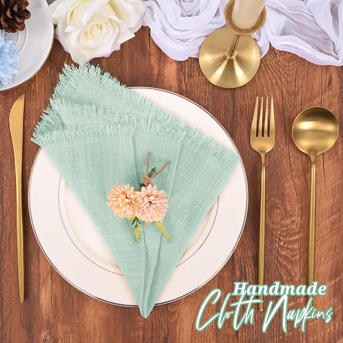 30 Pack Sage Green Cloth Napkins Cotton Linen Napkins with Fringe 16 x 16 Inch Soft Handmade Napkins Cloths Delicate Washable Rustic Dinner Napkin Cloths for Wedding Party Dinner Table Decor