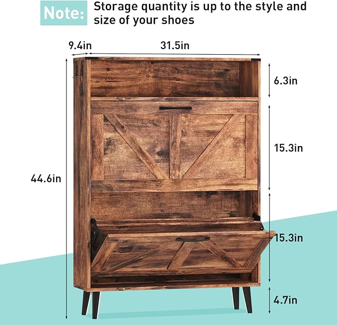 Vabches Shoe Storage Cabinet with 2 Flip Drawers,Freestanding Narrow Shoe Organizer with Open Storage,Hidden Slim Shoe Rack Cabinet for Entryway,Hallway,Brown