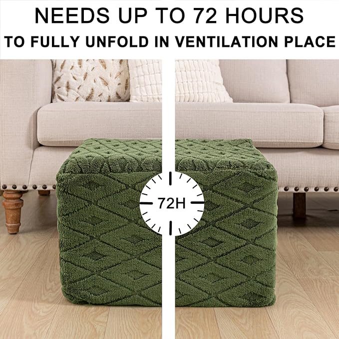 Fluffy Square Ottoman Pouf with All-in-One Foam Filling 20 x 14 Inches Furry Ottoman Foot Rest Foot Stool for Living Room or Bedroom (Green)