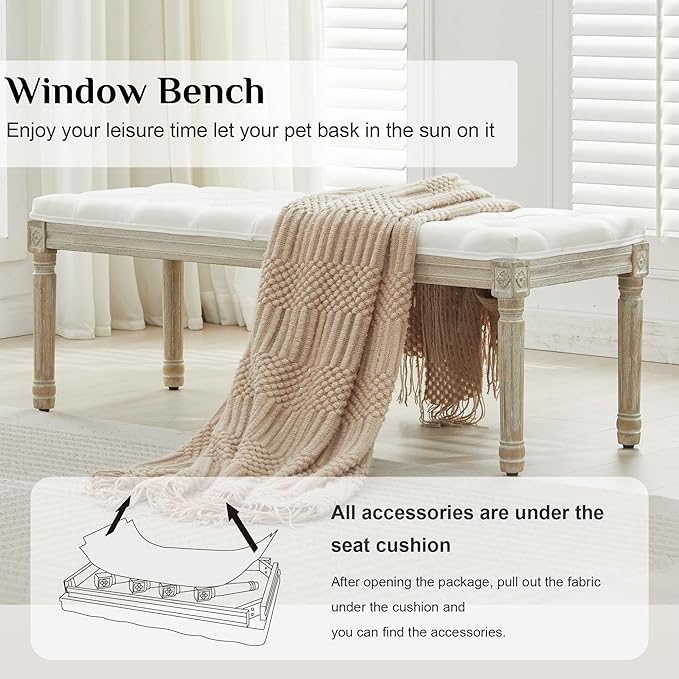 LOULENS 57.7" Linen Fabric End of Bed Bench King Size, French Upholstered Tufted Bench with Carved Wood Legs for Bedroom, Window Seat, Living Room, Entryway, White