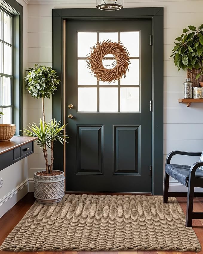 DEXI Jute Door Mat for Front Entryway, 48x32 Braided Woven Doormat Outside Entrance, Dirt Trapper Natural Fiber Entry Mats for Patio, Brown