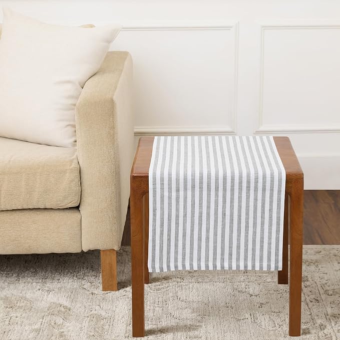 Solino Home Table Runner 36 Inches - Amalfi Stripe 100% Pure Linen Grey and White Table Runner 14 x 36 Inch Ideal for Dresser and Coffee Tables, Summer