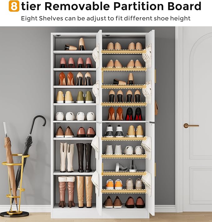 Shoe Cabinet with Slipper Rack Set of 2, 10-Tier Narrow Tall Shoe Storage Cabinet with Adjustable Shelves Modern Shoe Organizer Cabinet for Entryway, White