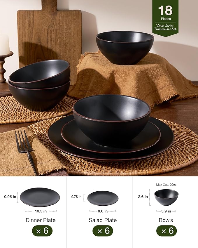 Famiware Venus Plates and Bowls Sets with Trim, 18 Pieces Stoneware Chip Resistant Dinnerware Dishes for 6, Matte Black - Microwave/Dishwasher Safe, Modern Minimalist, for Everyday Meals/Formal Dining