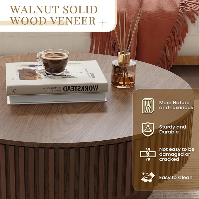 39.37'' Round Coffee Table with Storage, Modern Fluted Circle Coffee Table Unique Drum Low Center Tea Table with Solid Wood Veneered for Living Room Small Space, Mesas De Centro para Sala, Walnut