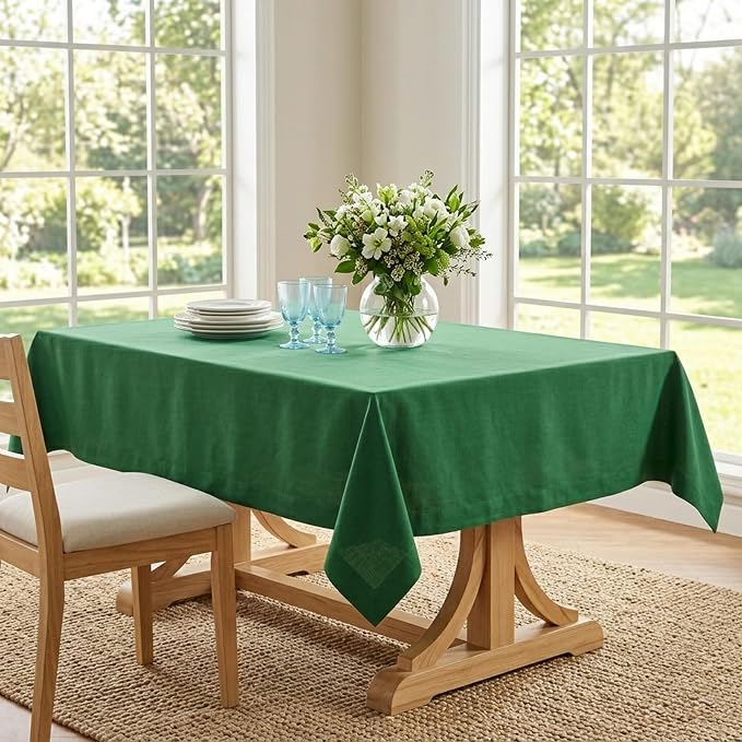 Solino Home Linen Tablecloth for Rectangle Tables 60 x 90 Inch - 100% Pure Linen Pine Green Table Cloth - Fete, Machine Washable Cloth Tablecloth