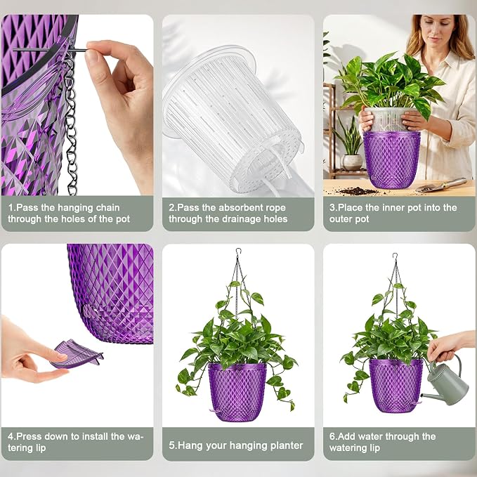 QCQHDU Hanging Planters for Indoor Plants, 2-Pack, 7.2 Inch, Purple | Plastic, Self Watering Plant Hanger, with Drainage Holes, 3 Hooks Chains, For Garden Home