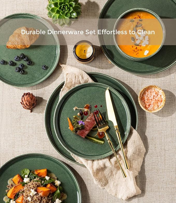 GBHOME 18-Piece Stoneware Dinnerware Set for 6 – Ribbed Ceramic Plates and Bowls, Scratch-Resistant, Microwave & Dishwasher Safe, Reactive Glaze, Dark Green