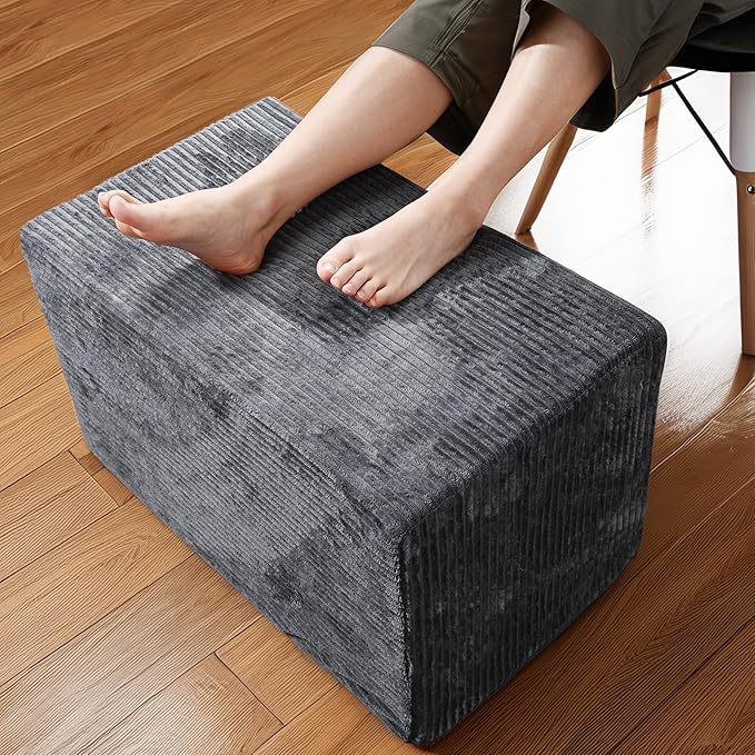 Rectangular Pouf Ottoman, Stuffed Floor Pouf with Foam Chunk Filling, Soft Coral Fleece Furry Foot Rest Stool, Multi-Use Ottoman for Living Room, Wide Stripe Boho Decor, Dark Grey