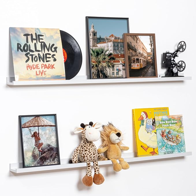 Fun Memories Picture Ledge Shelf, 48 Inch Floating Shelves Set of 2, Large Nursery Book Shelves for Toys Storage, Kids Bookshelf Wall Mounted for Wall Decor Books Photo Frames, White