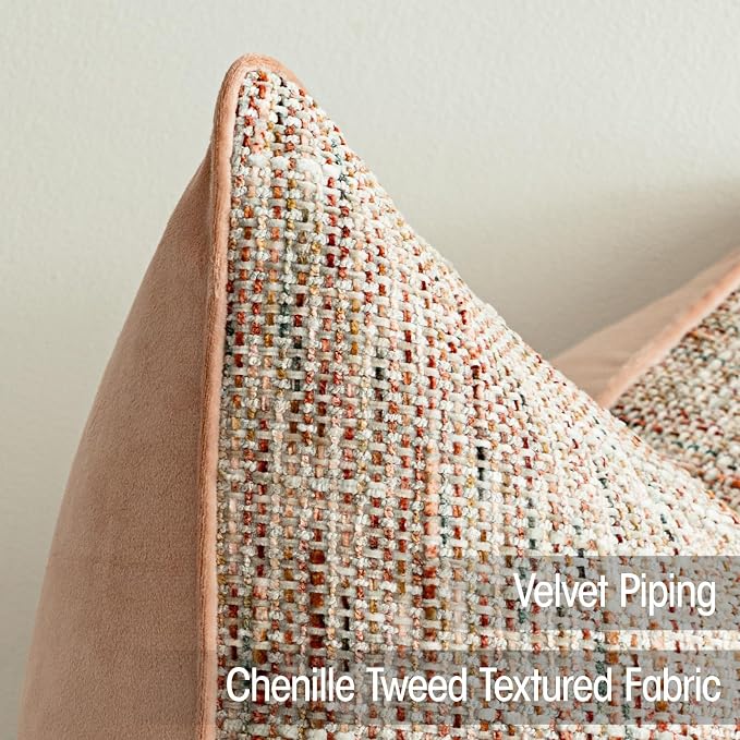 a moment Light Pink Reversible Pillow Covers 2 Pack - Farmhouse Chenille Velvet Throw Pillows, Neutral Textured Decorative Throw Pillow Covers with Border for Couch Sofa Bed (18x18 Inch, No Insert)
