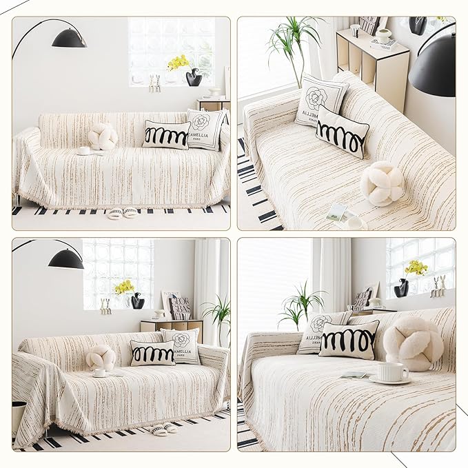 WEYOND Chenille Couch Cover Pet Friendly, Sofa Cover Washable, Reversible Sofa Slipcover for Sectional Sofa, Loveseat, 2 or 3 Cushion Couch, Corner Sofa, Futon Cover (71" X 134", Khaki)