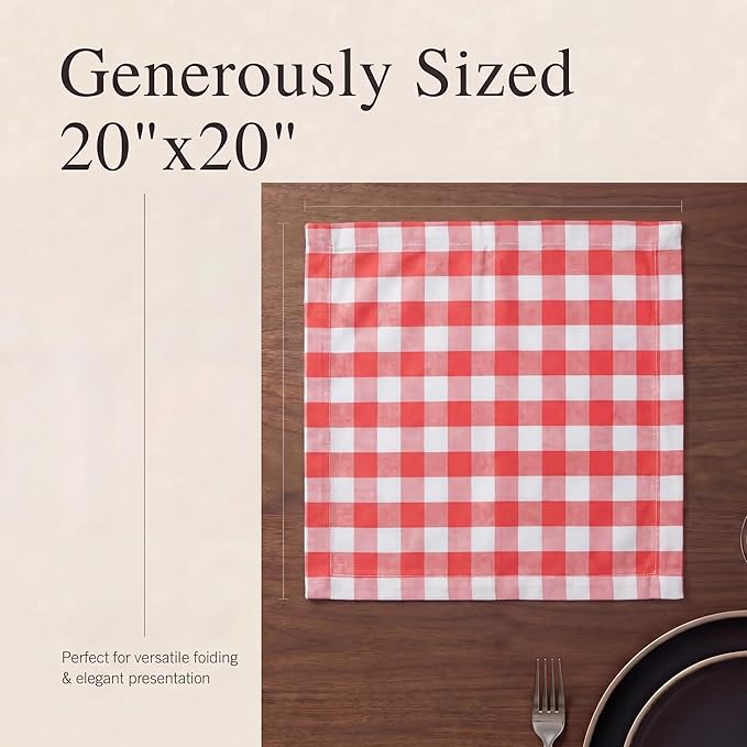 Urban Villa Cloth Napkins 100% Cotton Highly Absorbent Washable Durable Reusable Premium Dinner Napkins Ideal for Gifts for Mothers Day Hotel Farmhouse Parties - Red/White (20" x 20", Set of 12)
