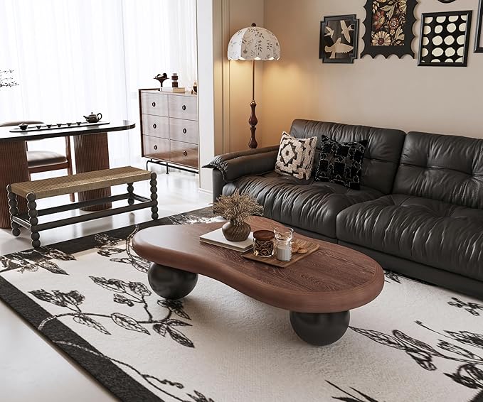 47" Cloud Coffee Table for Living Room Irregular Coffee Table Mid Century Modern Unique Coffee Tables Low Cute Small Center Table with 3 Ball Legs for Small Space Apartment Walnut & Black
