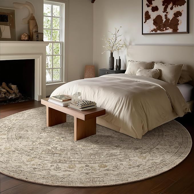 6ft Washable Round Rugs for Bedroom: Circle Living Room Rug Vintage Non Slip Low Pile Soft Faux Wool Non Shedding Boho Circular Rug for Kitchen Entryway Bathroom Bedside Office College Dorm Kids Room
