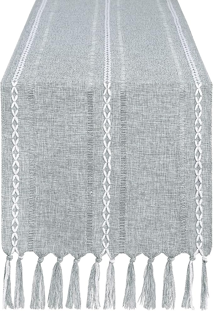 Rustic Farmhouse Style Linen Table Runner, Boho Handmade Tassel Hemstitched Embroidery Table Runners 48 Inches Long for Holiday Party, Dresser and Dining Decorations, 13 x 48 inch - Light Grey