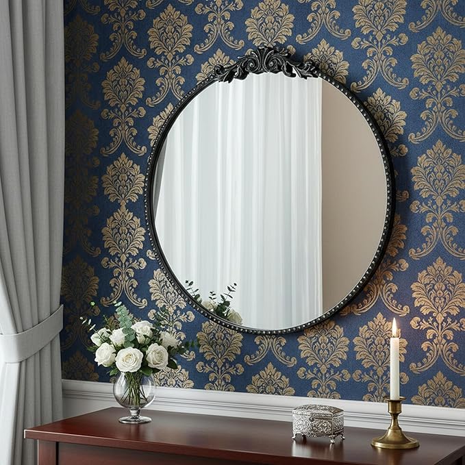 ZIYOO Vintage Baroque Round Wall Mirror 24"x24", Black Ornate Carved Frame Decor Mirror for Entryway Living Room Bedroom Hallway (Black Metal,24"x24")