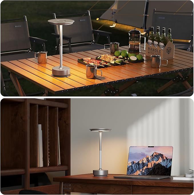 TBBGA 1 Pack Rechargeable Cordless Table Lamps, Portable 5000mAh Battery Table Light, 3 Color Stepless Dimming LED Table Light with Memory Function, for Outdoor/Dinner/Patio/Restaurant.(Silver)